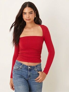 Abercrombie & Fitch A&F Ava Long Sleeve Top Vivid Red Square Neck Cinched Large
